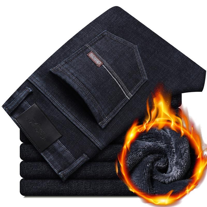 Winter Black Fleece-Lined Thickened Denim Trousers for Men Slim-Fit Straight Leg Stretch Casual Warm Versatile Trendy Trousers