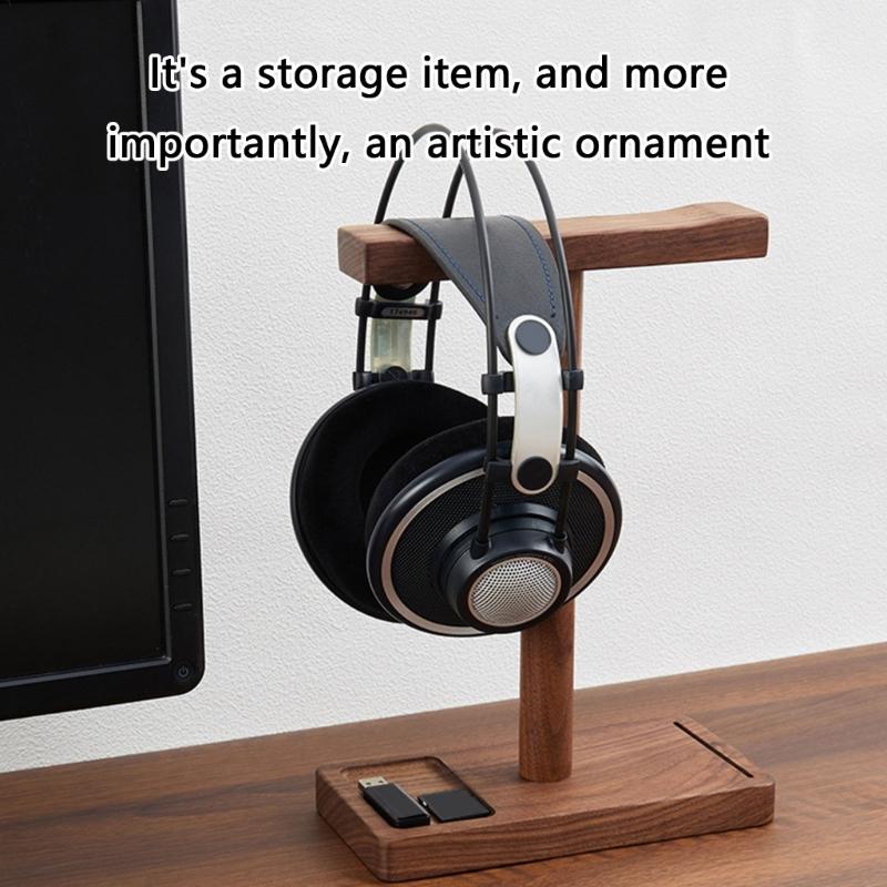 Walnut Headphone Stand Universal Desktop Holder for Gaming Headsets Solid Wood Craftsmanship with Storage Base