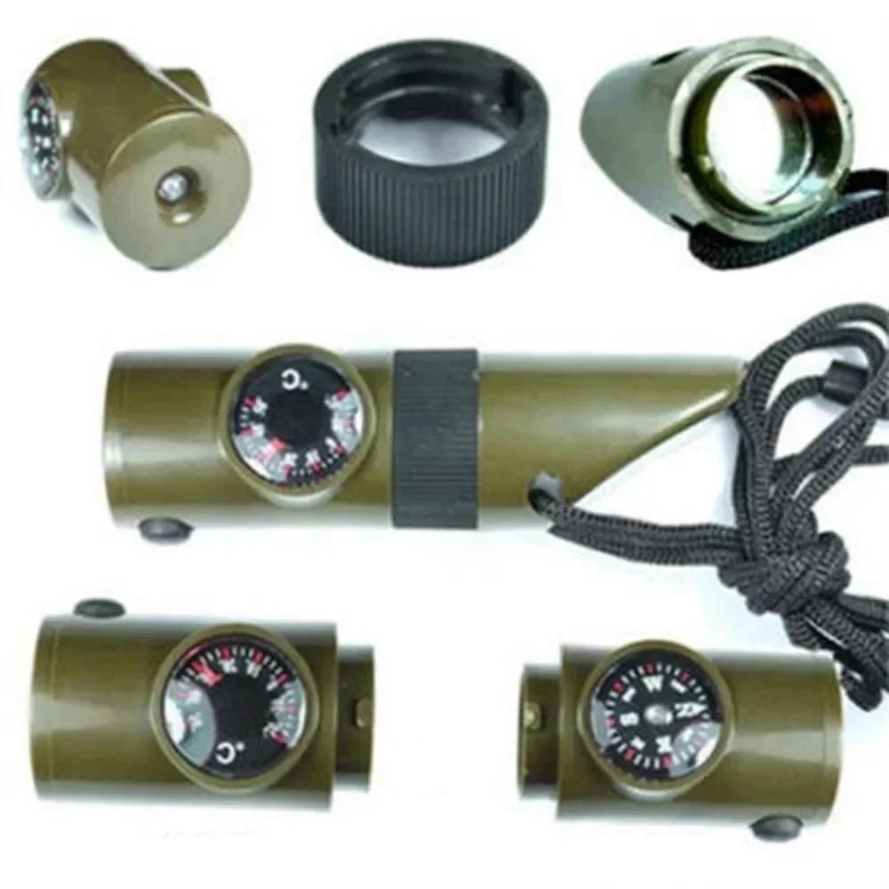 7 In 1 Jungle Survival Whistle Hiking Whistle Compass Mirror Flashlight Magnifier LED Light Thermometer Storage Compass Tool
