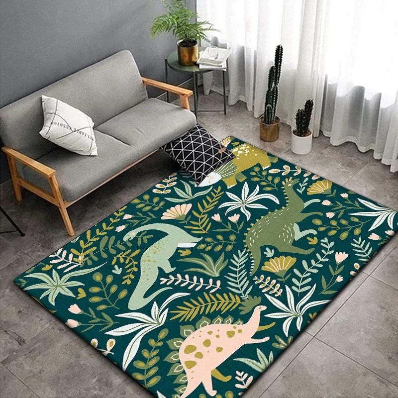 1 pieza Alfombra linda con estampado de dinosaurio de dibujos animados para sala de estar, dormitorio, alfombra para gatear para niños resistente a las arrugas, alfombra de suelo antideslizante