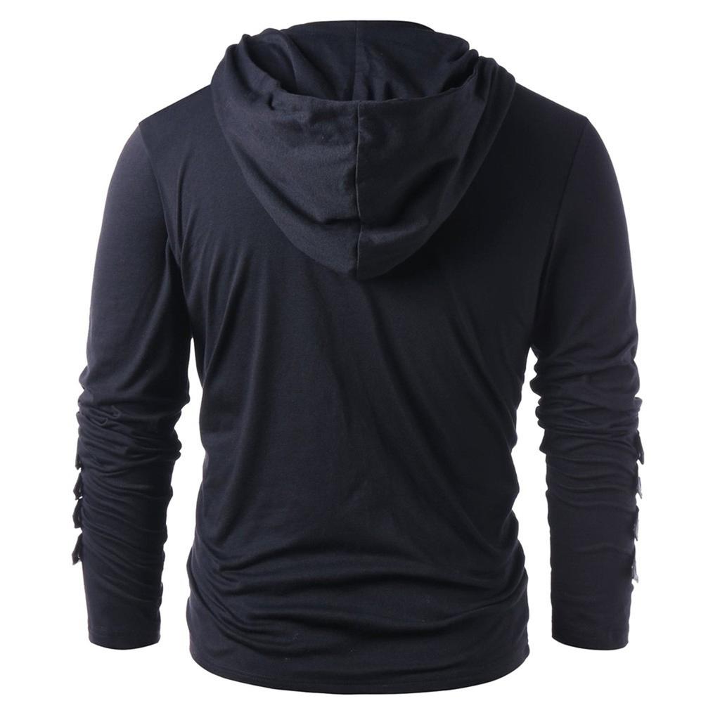 Men Winter Drawstring Vintage Leather Patchwork Long Sleeve Hooded Tops Blouses