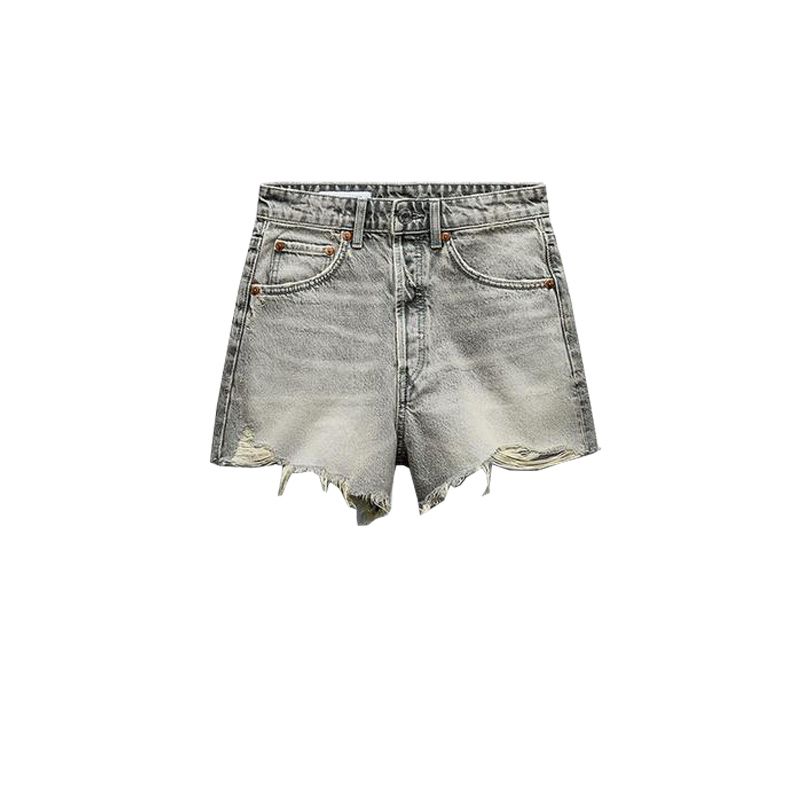 Spring New Trendy Match Sexy Washing Effect Raw Hem Ripped Decoration High Waist Denim Shorts 2569073