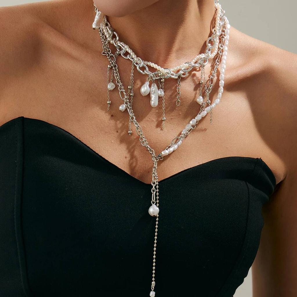 2Pcs/Set Bohemia Imitation Pearl Long Tassel Pendant Choker Necklace for Women Sexy Chest Chain Wedding Neck Jewelry