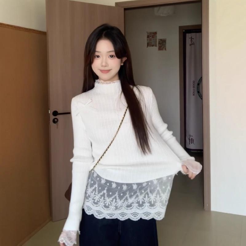 Temperament Fake Two-piece Lace Spliced Knitted Sweater for Women's Spring and Autumn Thin Inner Warm and Gentle Turtleneck Bottoming Shirt