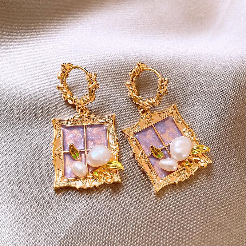 Monet Garden Purple Baroque Pearl Earrings - Vintage Style, Luxury Women's Studs