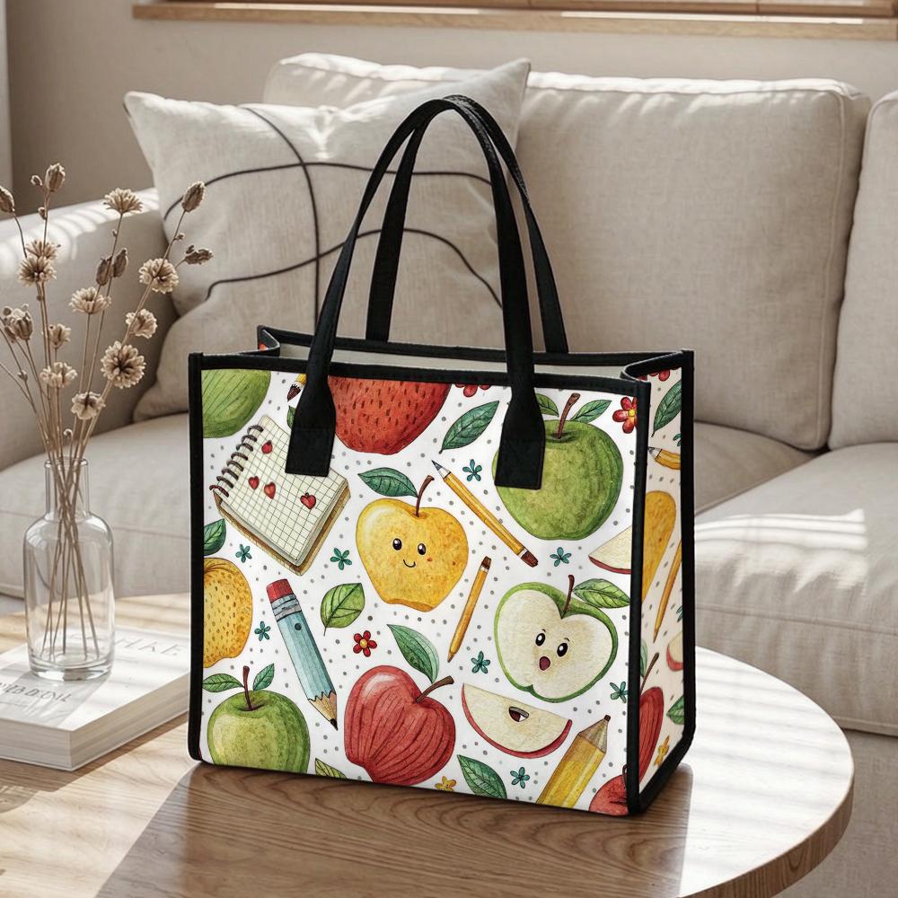 Cute Apple Print Tote Bag For Daily Use Portable Lightweight Shopping Shoulder Bag For Women