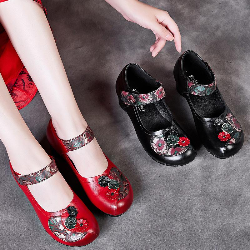 New Spring and Autumn Women's Shoes First Layer Cowhide Thick Heel Soft Sole Single Shoes Female Mother Shallow Mouth Velcro Small Leather Shoes