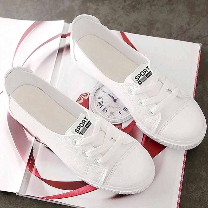 WTEMPO Summer Women's Single Shoes Round Toe Flat Sole White Cross Lace-up Low Heel Flat Shoes Breathable Comfortable Anti-slip Soft Sole Work Shoes