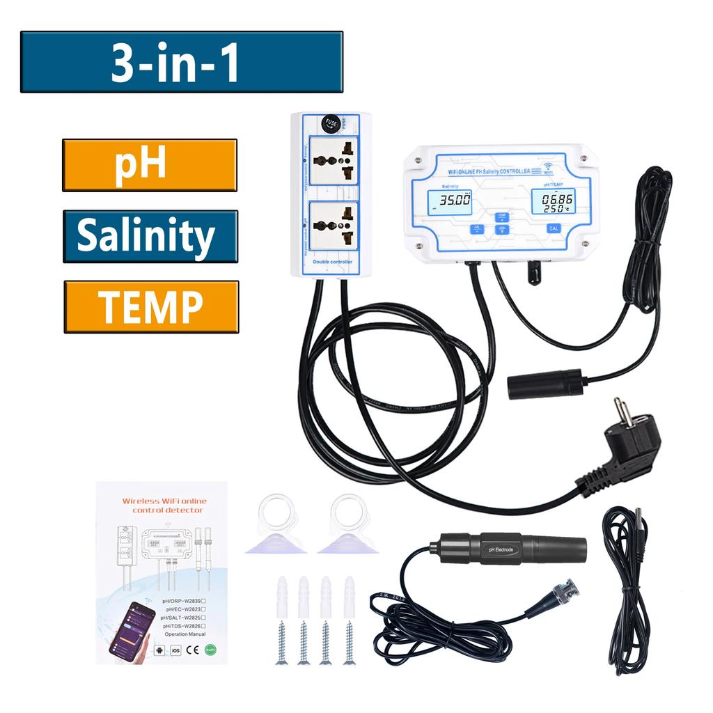 Wireless WiFi Online Control Detector Water Quality Detector 3-in-1 pH/ORP/TEMP Controller Water Quality Tester BNC Type Probe