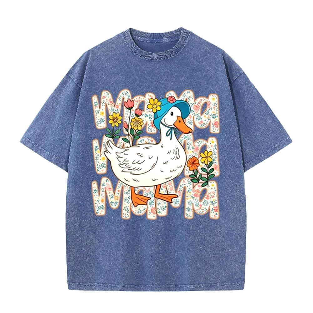 2026 Vintage Washed Black Tshirt Cute Mama Duck Floral Graphic Tee Retro Mothers Day Casual Oversized Streetwear For Women