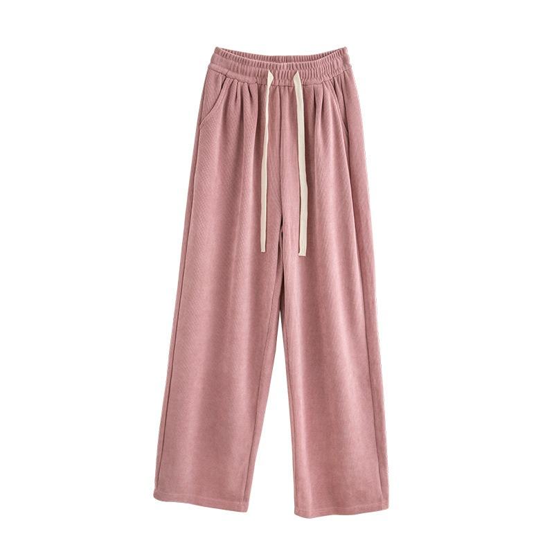 ! Maillard Wide-leg Pants Women's Spring and Autumn Trousers High Waist Loose Lace-up Straight Pants European Cotton Lint Sports Pants