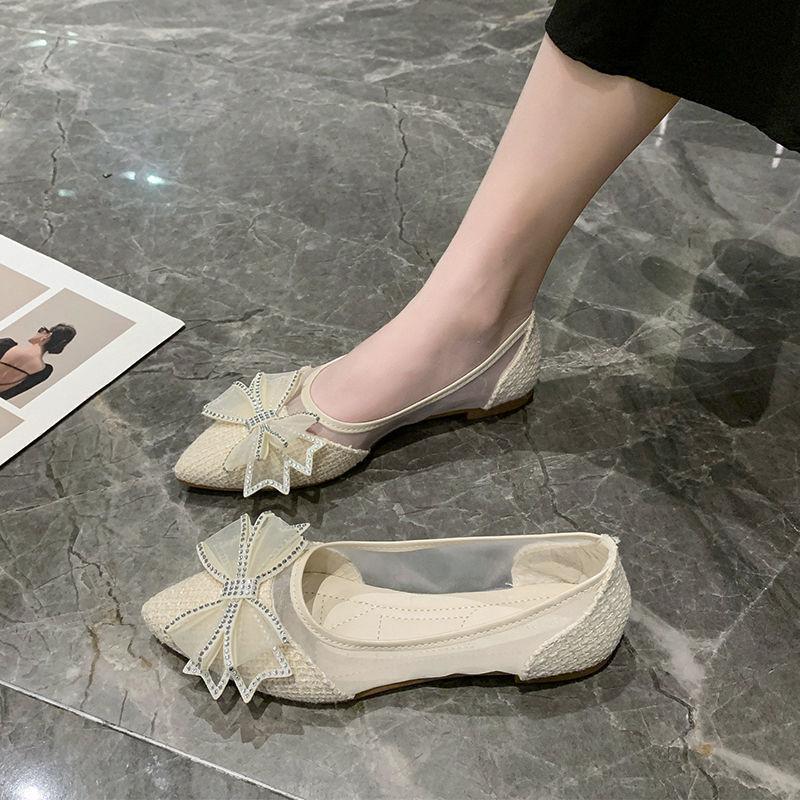 Xianfeng Flat-bottomed Mesh Student Evening Shoes Pointed Bow Shallow Mouth Summer Cool Hollow Single Shoes
