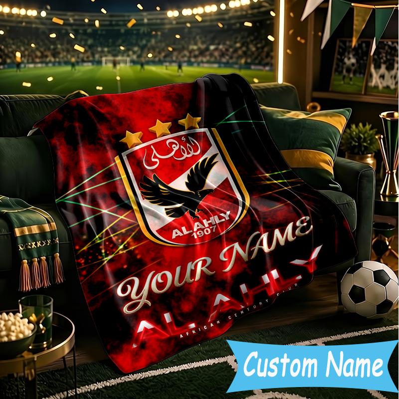 Custom Name Al Ahly Fc Crest Design Flannel Blanket, Use for Birthday/Holiday Gift, Soft Blanket for Sofa/Bed/Camping/Office, Home Decor