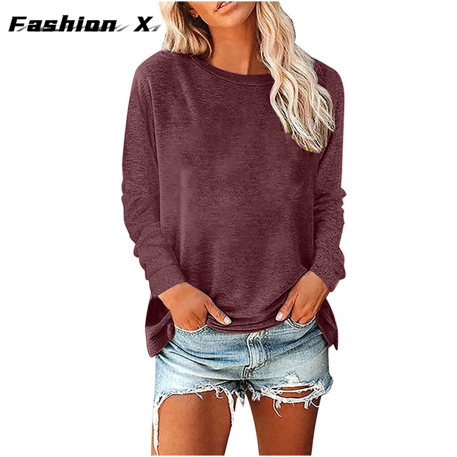 

Женский свободный пуловер с круглым вырезом, однотонная женская футболка с длинными рукавами, топ 2XL бордовый