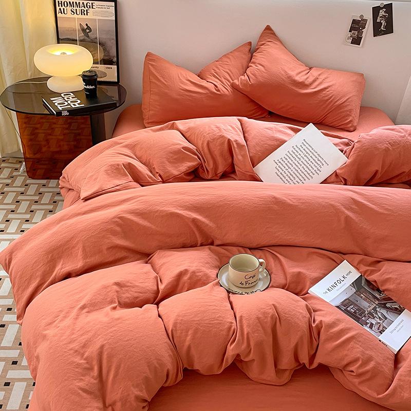 Four-piece Set for Sleeping Naked On Winter Bed, Washed Cotton Sheets, Quilt Cover, Fitted Sheet, Three-piece Set for College Dormitory