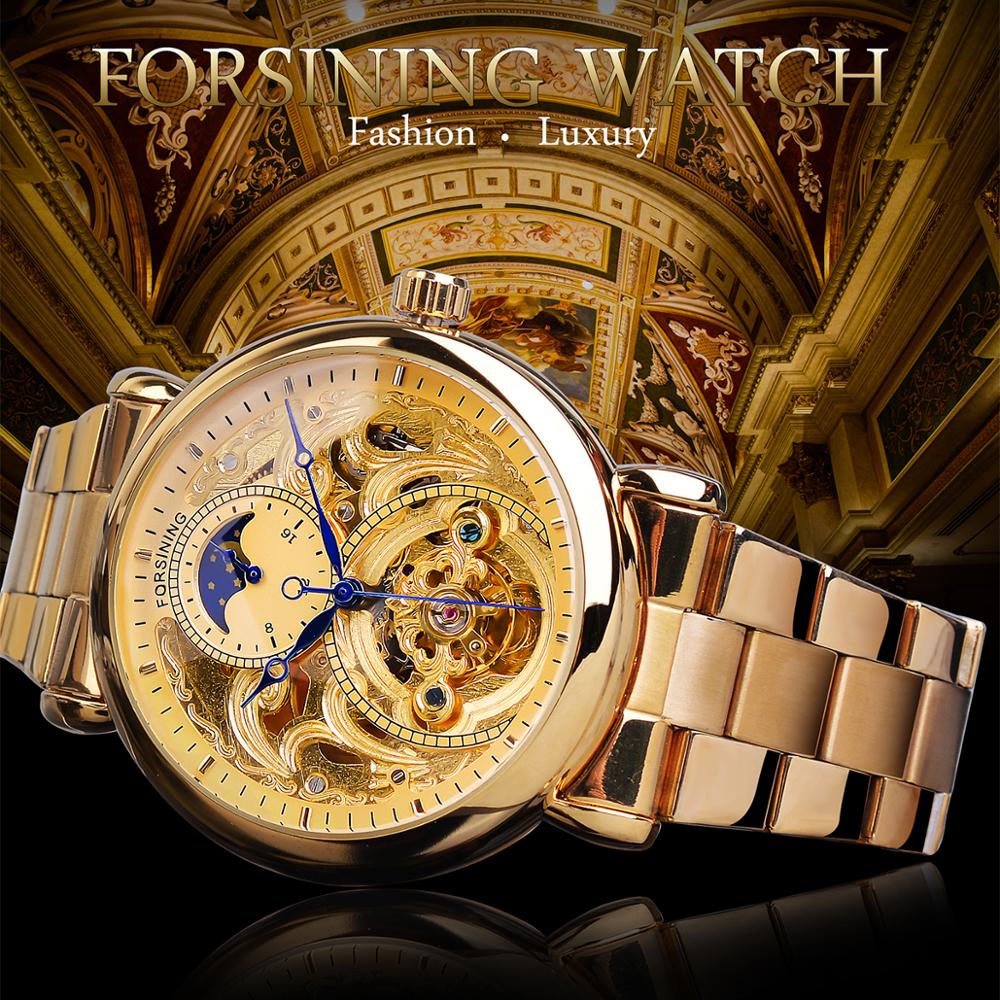 Forsining Automatic Mechanical Business Watch Mens Clock Golden Moon Phase Steel Strap Wrist Watches Top Brand
