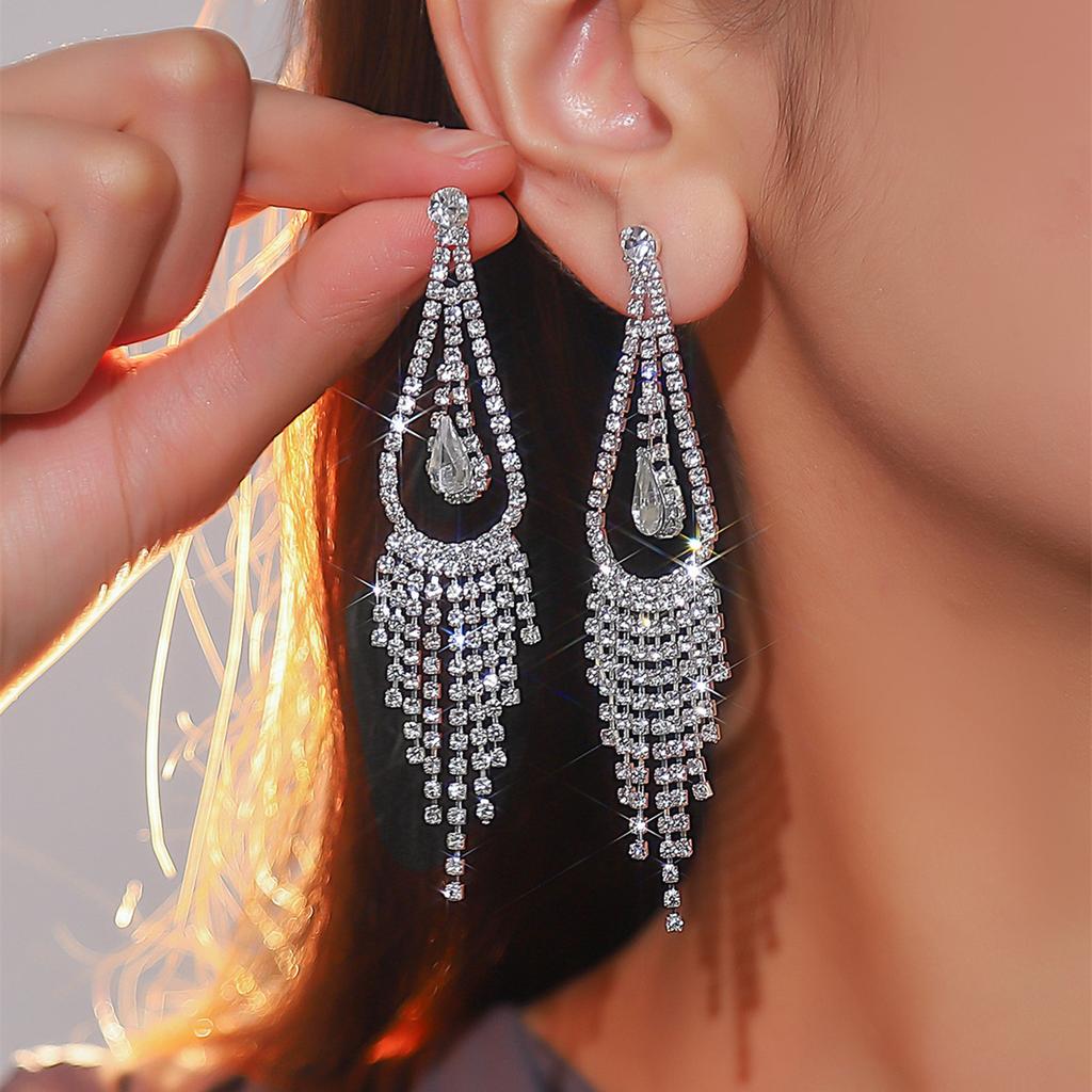 High-end sparkling rhinestones Long fringed earrings, slightly zircon earrings, copper earrings