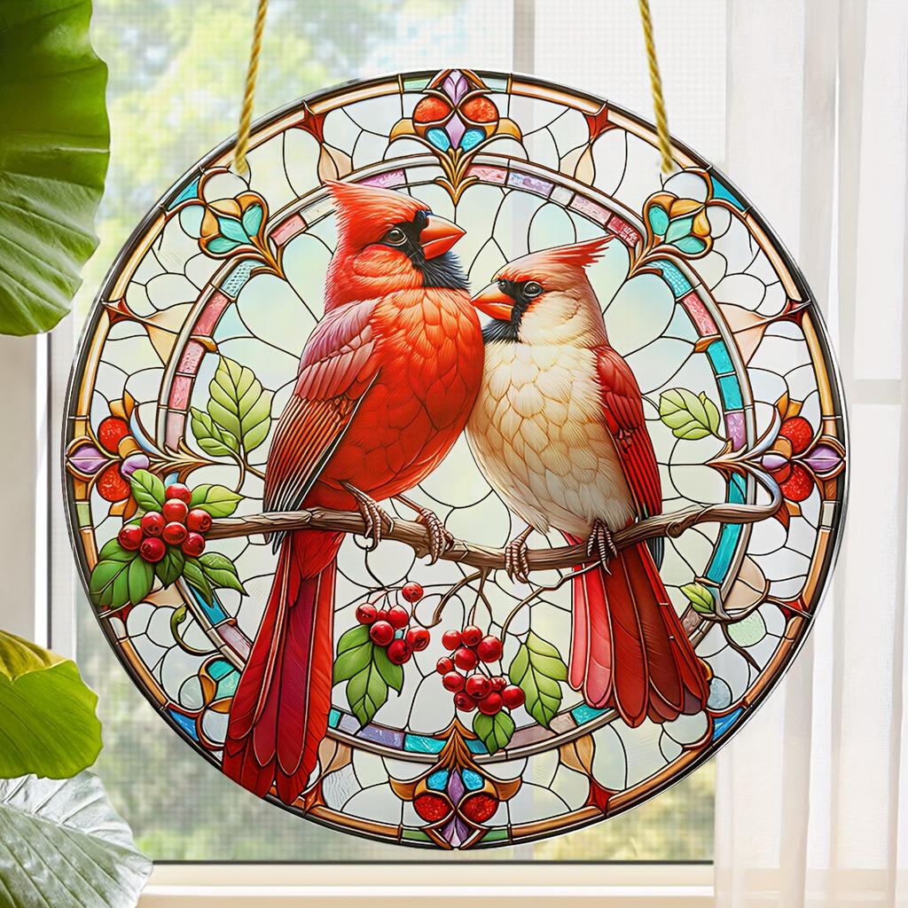 Red Cardinal Suncatcher. Stained glass style acrylic for bird lovers & home decor.