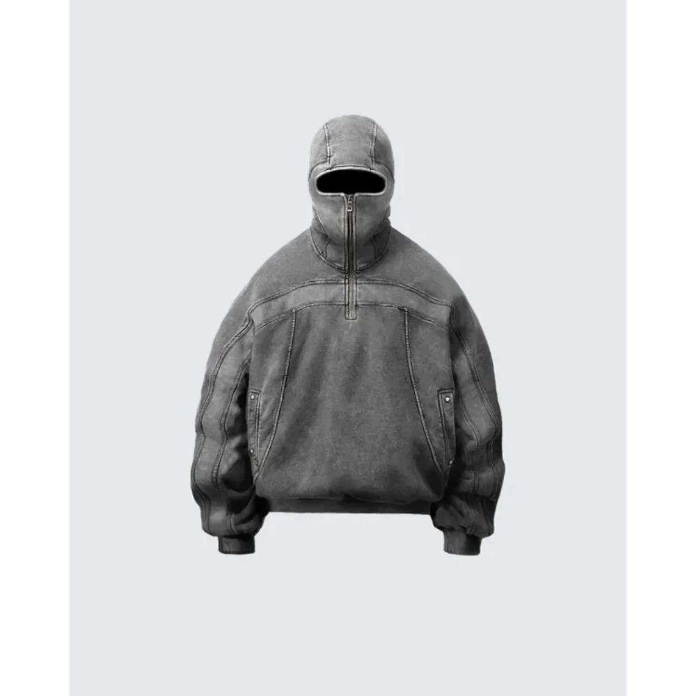 RogueWave Classic Balaclava Hoodie Men Washed Gray Ninja Pullover Sweatshirt Hip Hop Splicing Y2k Vintage Winter Streetwear Couple Tops