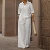 Women's Loose Two Piece Matching Suit Three Quarter Sleeve Polo Collar Blouse High Waist Wide Leg Pant Set