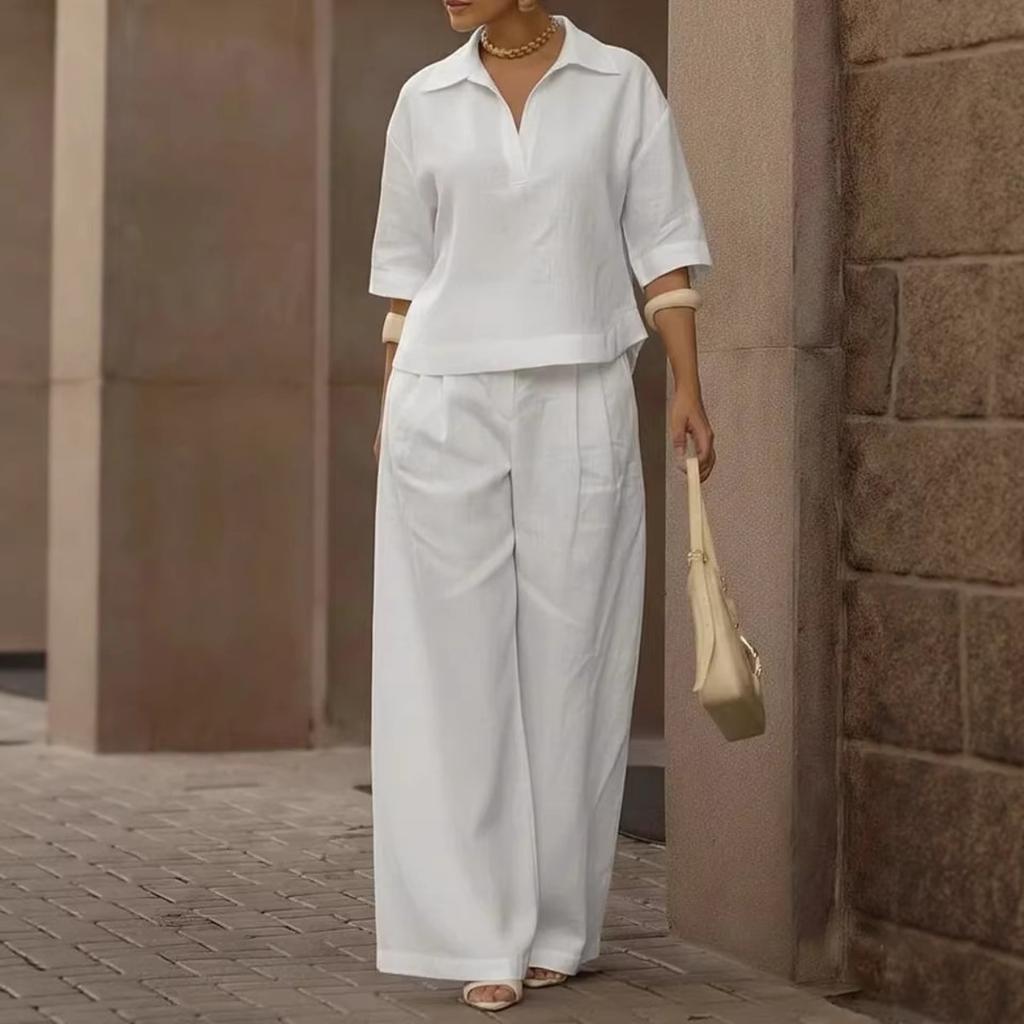 Women's Loose Two Piece Matching Suit Three Quarter Sleeve Polo Collar Blouse High Waist Wide Leg Pant Set