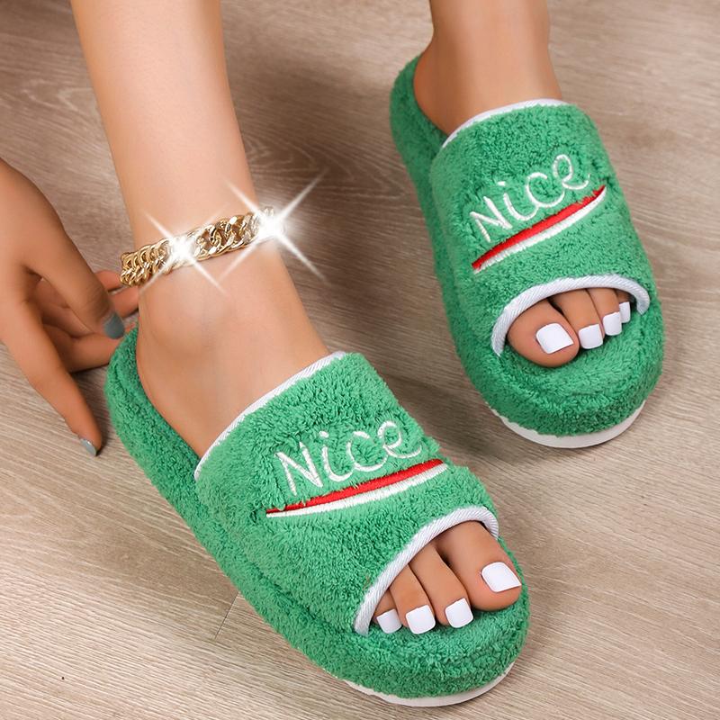 Women Thick Fluffy Faux Fur Slippers Soft Cotton Slippers Fashion Home Bedroom Warm Love Plush Slides Fashion Indoor Floater