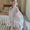 Damenbluse mit Cut-out Schulter Unifarben Revers Laternenärmel Raffung Gebunden Koreanischer Stil Sommer Neue Version Locker Freizeit Damen Oberteil