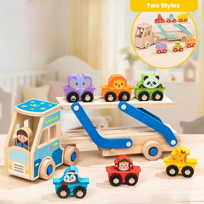 Trätransporthjulsleksaker för småbarn, Montessori Djur & Mat Matchningsspel, Leksaker för Tidig Kognitiv Utbildning