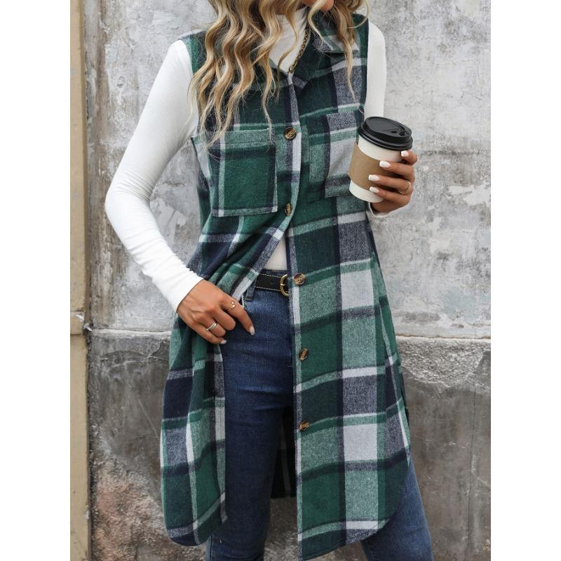 VEZFAA Women's Fashion Casual Plaid Print Autumn Winter Sleeveless POLO Neck Jackets & Coats