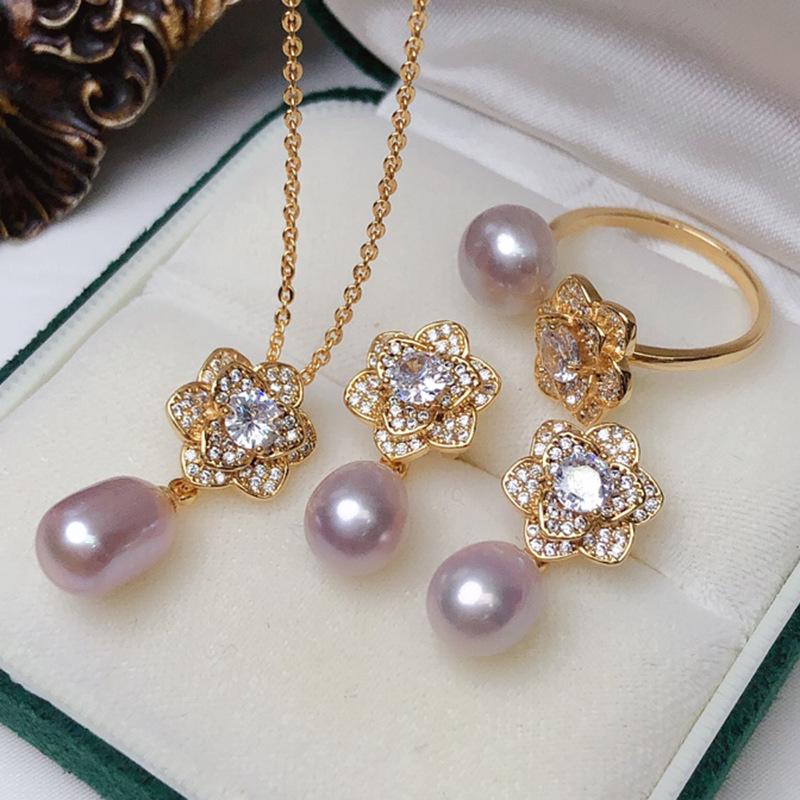 Freshwater Pearl Nesting Set: Exquisite Flower Pendant, Ring, Earrings, and Chain