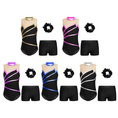 Girls Gymnastics Leotard Set Sleeveless Keyhole Back Patchwork Design V Waistband Shorts Headwear