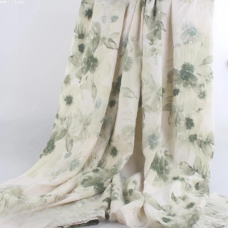 New Ink Print Floral Dress Fabric French Loose Halter Slimming Chinese Style Bubble Skirt Fabric Sewing for Clothes Dresses