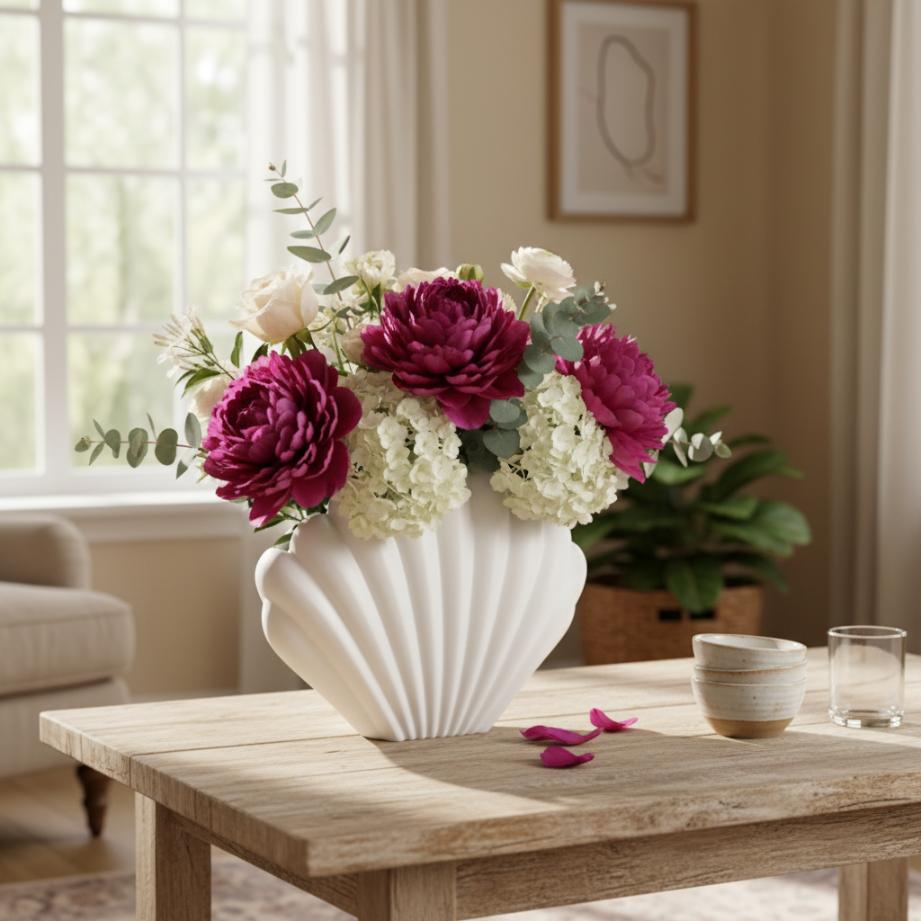Decorative Vase In the Shape of a Sea Shell, White, Elegant Style