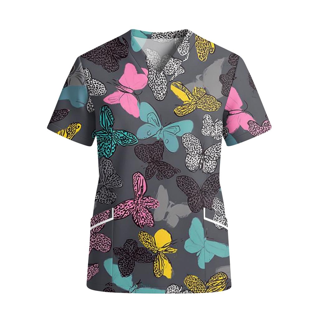 Women's V-Neck Short Sleeve Work Shirt with Pocket, Printed Top for or Uniform, Lightweight Tunic