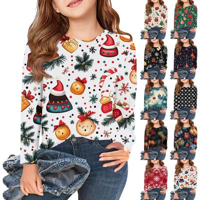 Weihnachtstag Mädchen Langarm T-Shirts Kinder Herbst Oberteile Rundhalsausschnitt Bedruckte Basic T-Shirts