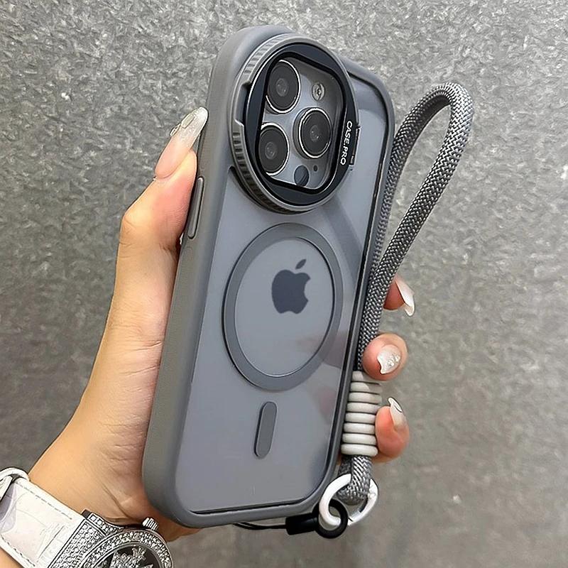 Luxury With Lanyard Magsafe Phone Case For iPhone 11 12 13 14 15 16 Pro Max Plus Magnetic Holder Bumper Cover