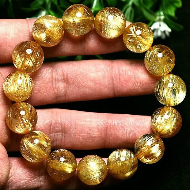 Natural Golden Rutilated Quartz Bracelet Men Women Brazilian Yellow Hair Crystal Beaded Jewelry Luck Prosperity