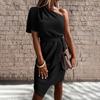 Women Casual Solid Color One-Shoulder Sleeveless Tie Dress Short Skirt
