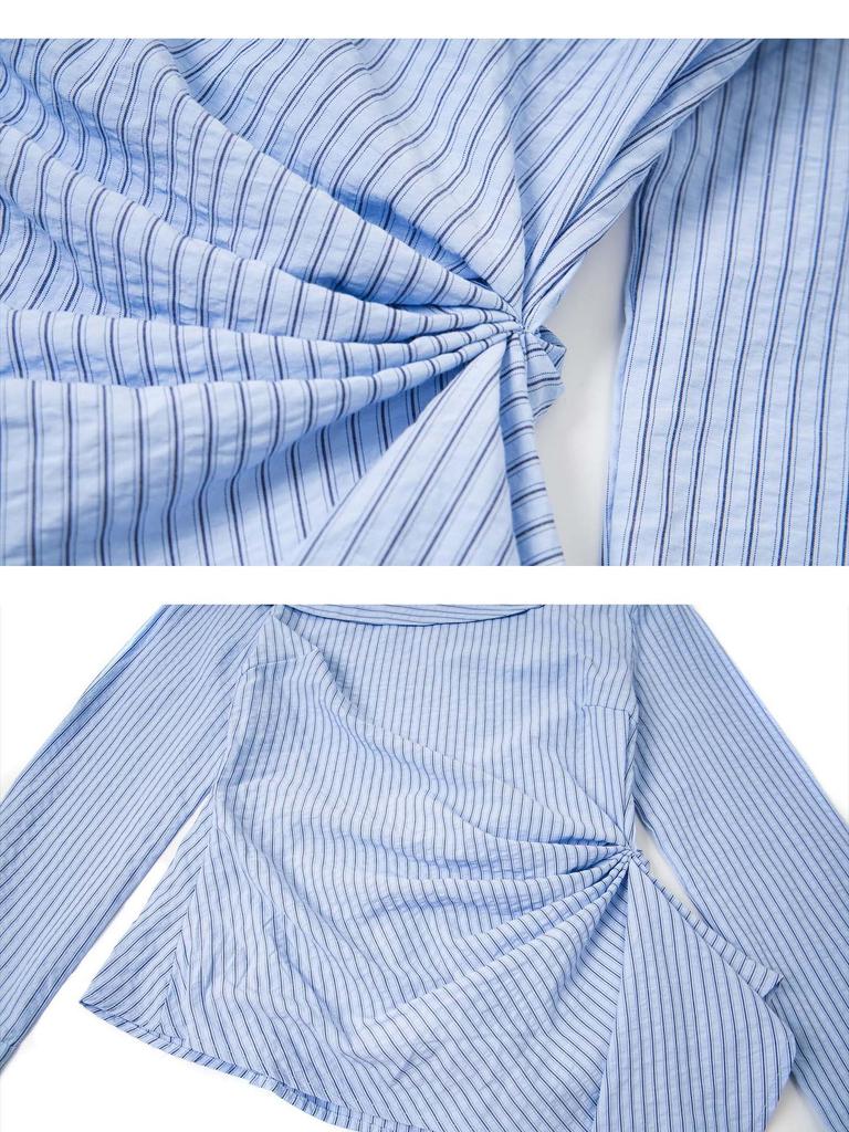 UNBDNS Women's One-Shoulder Striped Tie-Up Shirt: Slimming, Versatile Long Sleeve Top for Autumn