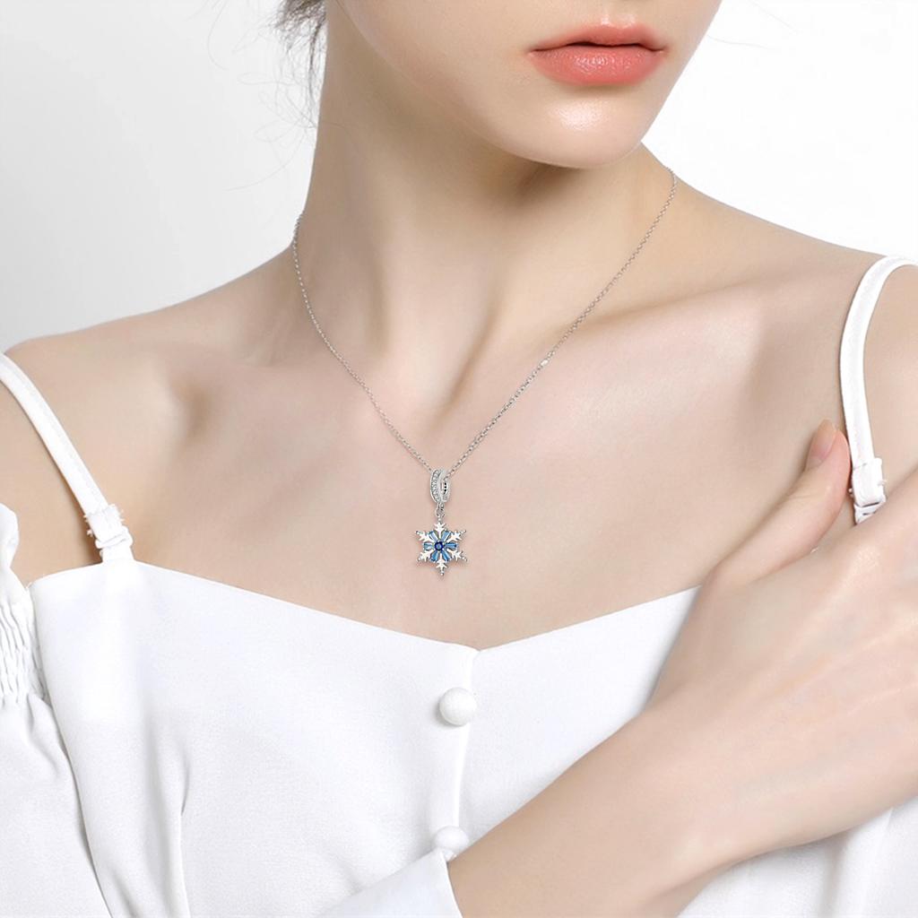 MAGIC CHARM Blue Shining Snow Flower Pendant Christmas S925 Silver Girl Pan Family Bracelet DIY Pendant
