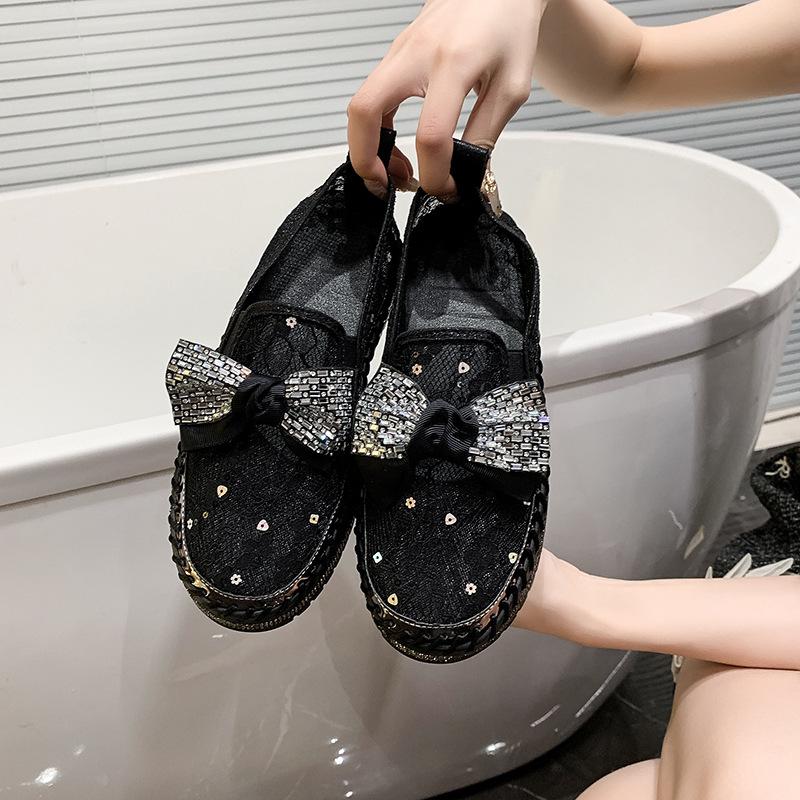 Fashion New Platform Diamonds Butterfly Knot Women Flats Bling Woman Rhinestone Ladies Casual Mesh Chunk Sole Slip-on Shoes Size 43