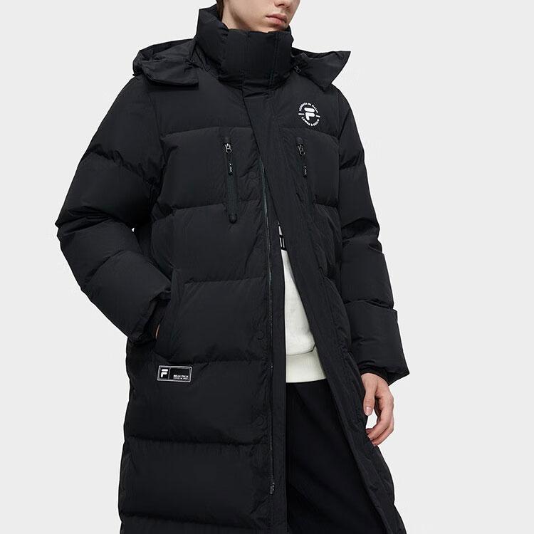 Fila Fusion Solid Color Zipper Hooded Long Warm Down Coat Men Coats Black T11M345903FBK