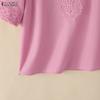ZANZEA Blusa Casual da Donna a Maniche Corte con Patchwork di Pizzo e Scollo a V