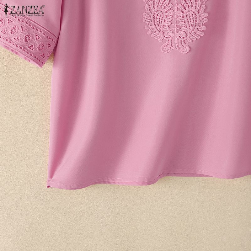 ZANZEA Blusa Casual da Donna a Maniche Corte con Patchwork di Pizzo e Scollo a V
