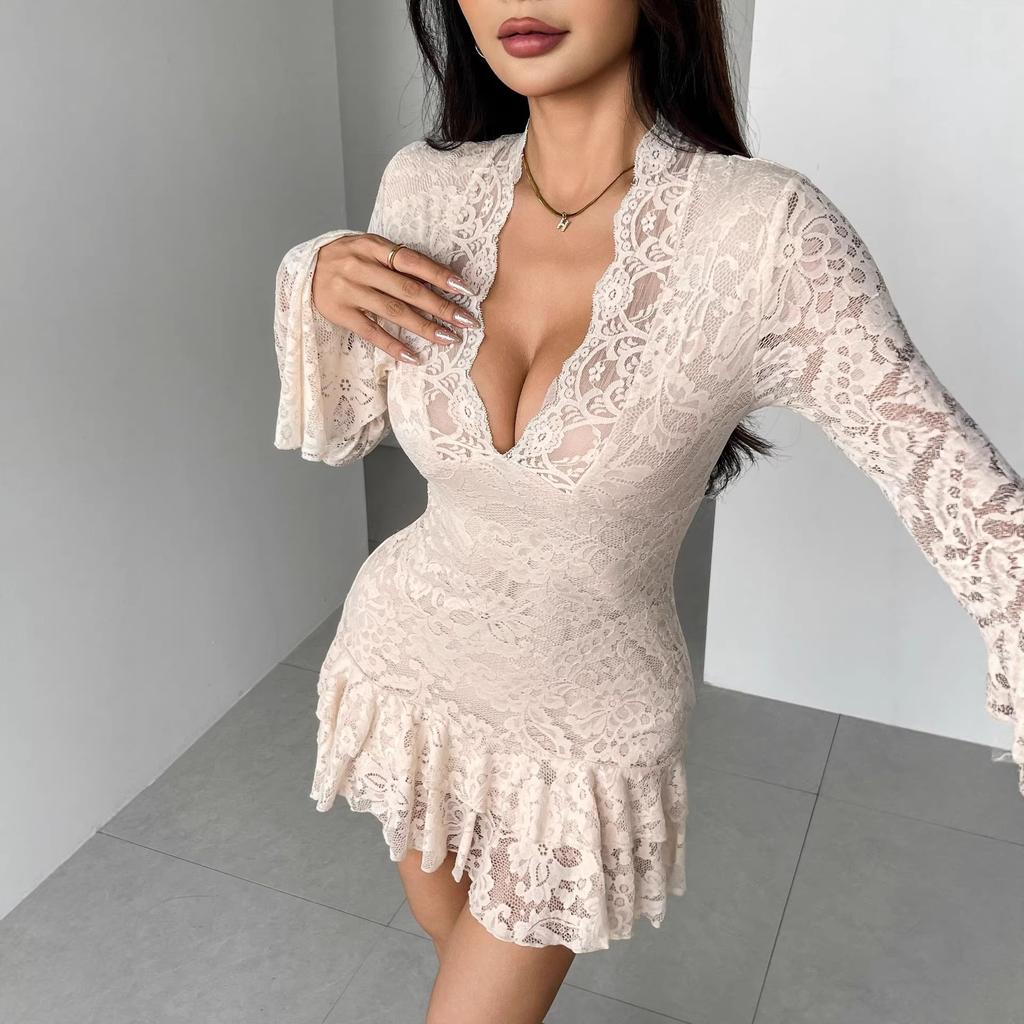 2026 European and American spring and summer/new lace splicing V-neck double-layer ruffle edge slim-fitting sexy hip-wrapped women's dress