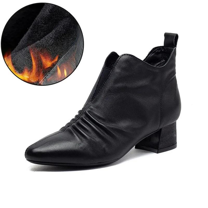 

Johnature Pointed Toe Pleated Thick Heel Ankle Boots Plush Warm Genuine Leather Versatile Women s Shoes 40 чёрный