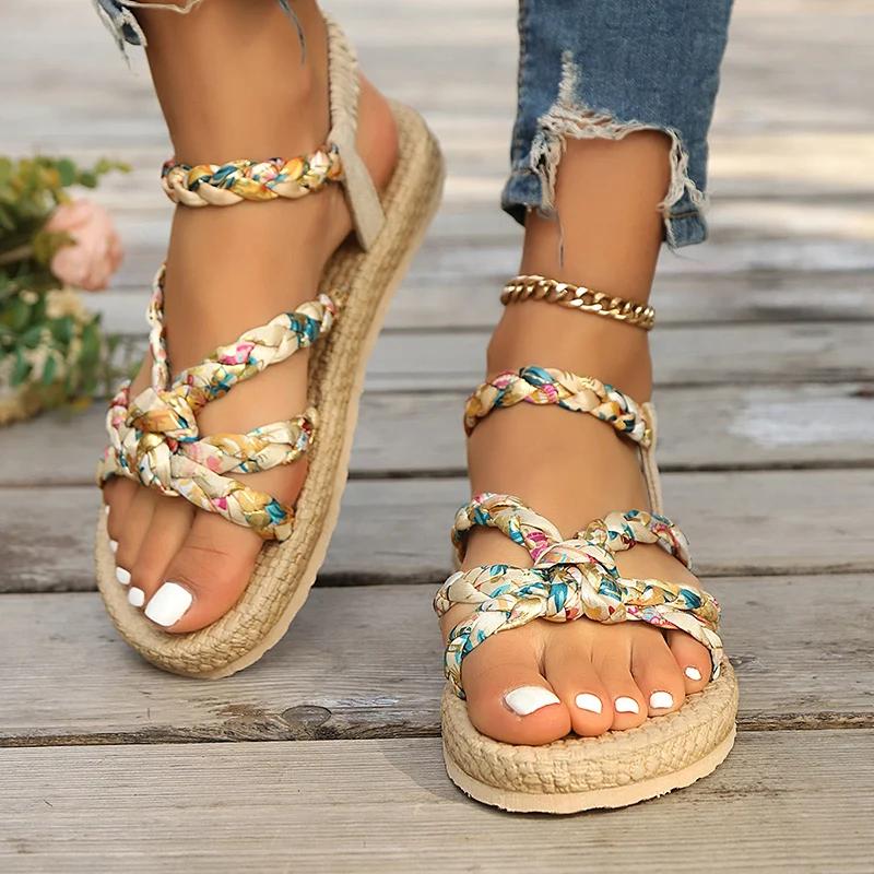 Fashion Women's Fashion Printed Woven Band Flat Sandals Bohemian Style Summer Beach Sandals for Women Lightweight Comfort Roman Shoes