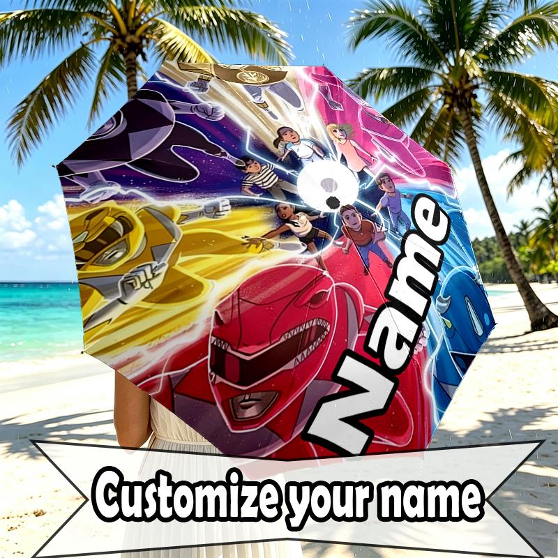 Custom Name Personalized Mighty Morphin Power Rangers Print Umbrella, Auto Open Close, 8‑Rib Sturdy Frame, Commute Camping Hiking Use, Birthday Gift