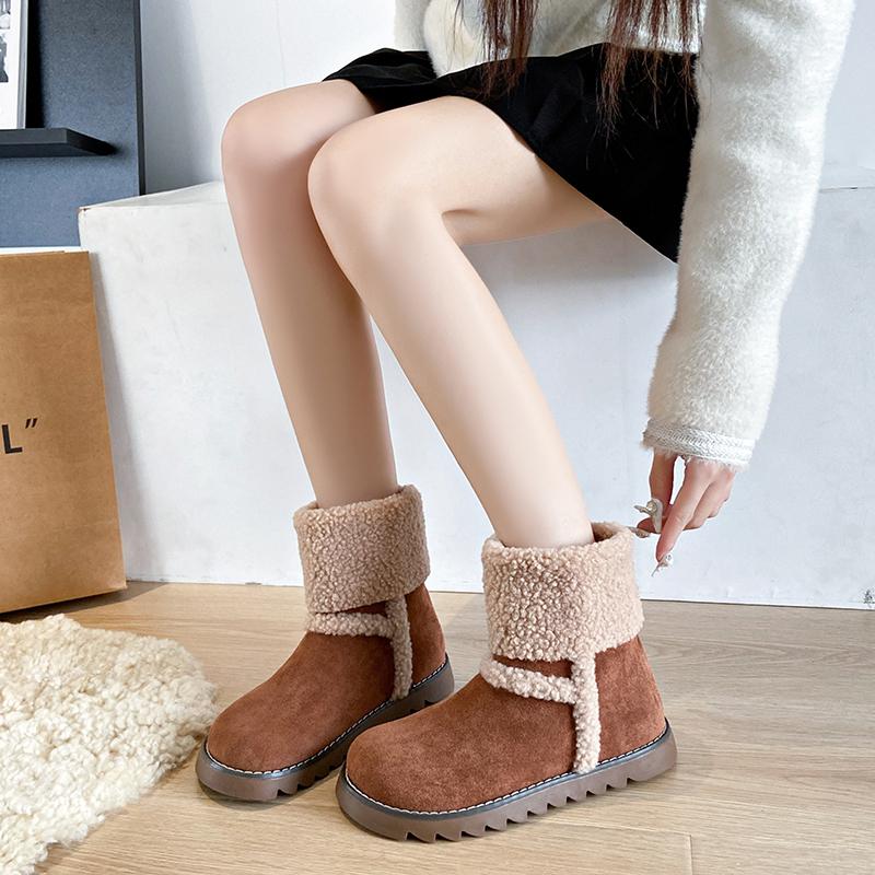 Turned Over Edge Ankle Snow Boots Winter Flat with Ladies Shoes on Sale 2024 Fashion Slip-on Round Toe Low Heel Women's Boots