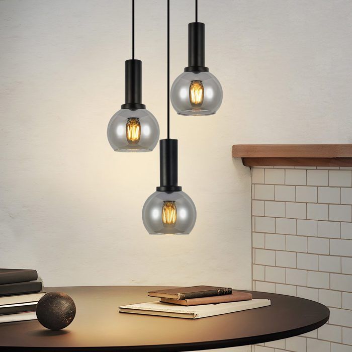 Lampe suspendue - NETTLIFE - 3 flammes - E27 - Noir - Verre & métal